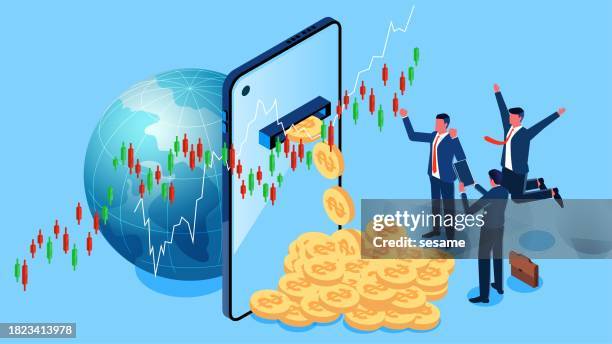 bildbanksillustrationer, clip art samt tecknat material och ikoner med global stock market, global stock market investment to make money, global financial market investment income or economic growth, isometric traders to invest in global business and get rich from mobile phone - börsintroduktion