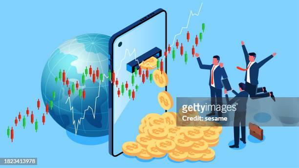 global stock market, global stock market investment to make money, global financial market investment income or economic growth, isometric traders to invest in global business and get rich from mobile phone - ipo stock illustrations