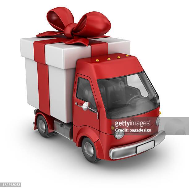 red gift box delivery van - christmas truck stock pictures, royalty-free photos & images