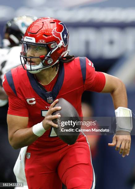 Stroud of the Houston Texans in action against the Jacksonville Jaguars at NRG Stadium on November 26, 2023 in Houston, Texas.