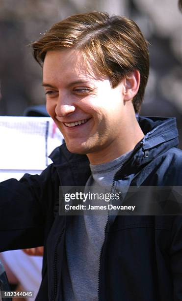 Tobey Maguire during Tobey Maguire on Location for Spider-Man 2 at Manhattan in New York City, New York, United States.