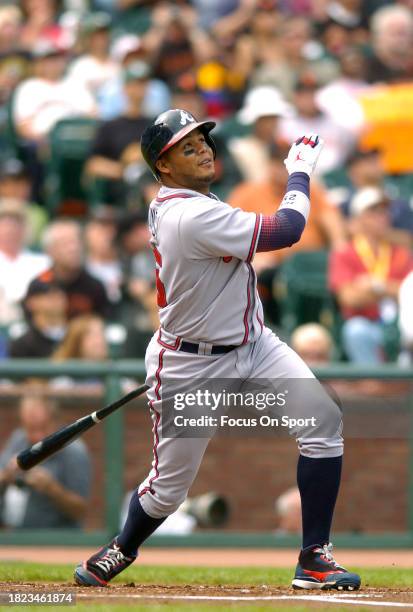 Andruw Jones of the Atlanta Braves bats against the San Francisco Giants during a Major League Baseball game on July 26, 2007 at AT&T Park in San...