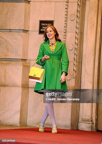 Leighton Meester films on location for Gossip Girl on the streets of Manhattan on March 16, 2009 in New York City.
