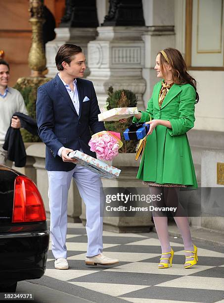 Ed Westwick and Leighton Meester films on location for Gossip Girl on the streets of Manhattan on March 16, 2009 in New York City.