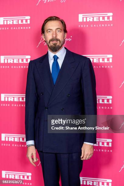 Prince Aimone of Savoy, Duke of Aosta and Duke of Apulia, arrives at the unveiling of the 2024 Pirelli Calendar by Prince Gyasi at Magazine London on...
