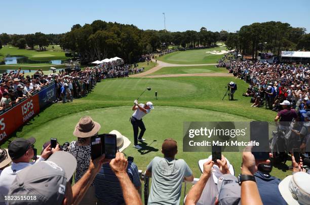 Cameron Smith of Australia tees off on the 1st hole during the ISPS HANDA Australian Open at The Australian Golf Course on December 01, 2023 in...