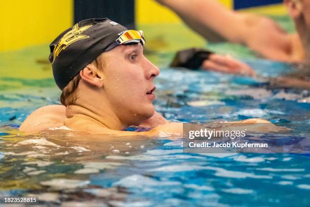 Chase Kalisz reacts after winning the Men's 200 Meter Individual Medley Final on day 2 of the Toyota US Open on November 30, 2023 at the Greensboro...