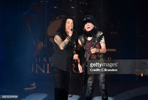 Robin McAuley and Michael Schenker perform on stage at the O2 Shepherd's Bush Empire on November 30, 2023 in London, England.