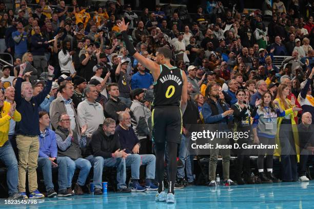 Tyrese Haliburton of the Indiana Pacers celebrates during the game against the Boston Celtics during the quarterfinals of the In-Season Tournament on...
