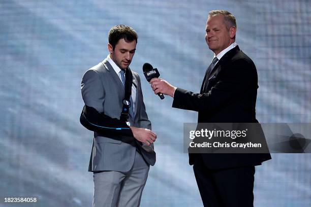 Host Marty Snider interviews 2023 National Motorsports Press Association Most Popular Driver Award presented by Hooters winner, Chase Elliott onstage...