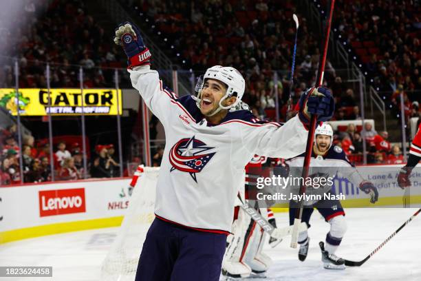 Johnny Gaudreau of the Columbus Blue Jackets celebrates a goal during the third period of the game against Carolina Hurricanes at PNC Arena on...