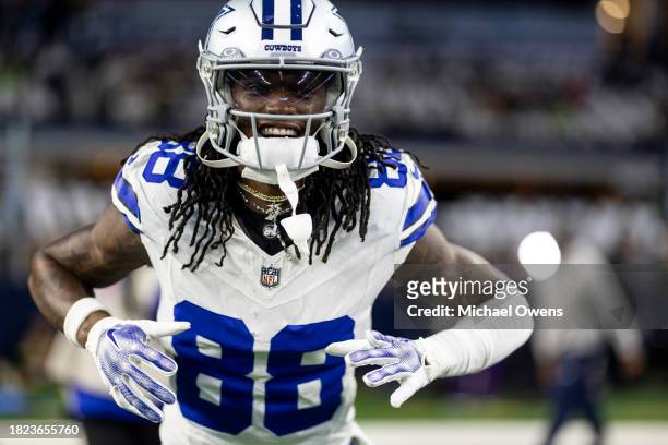 CeeDee Lamb of the Dallas Cowboys reacts prior to an NFL football game between the Dallas Cowboys and the Seattle Seahawks at AT&T Stadium on...