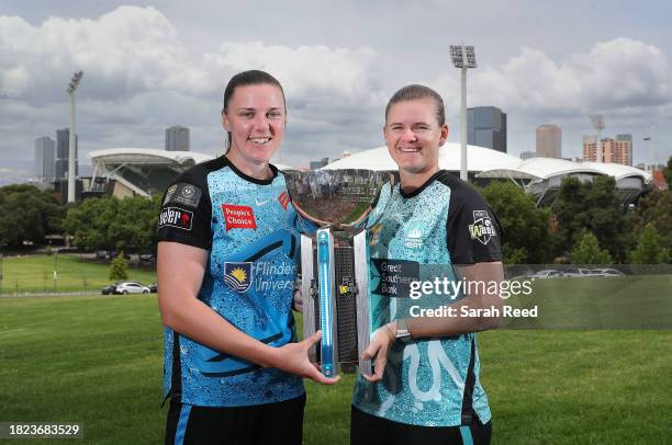 Tahlia McGrath of the Adelaide Strikers and Jessica Jonassen of the Brisbane Heat during the 2023 WBBL Final Media Opportunity at Montefiore Hill on...