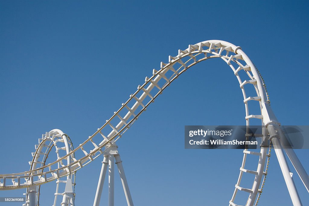 White Rollercoaster Loops Against a Clear Blue Sky