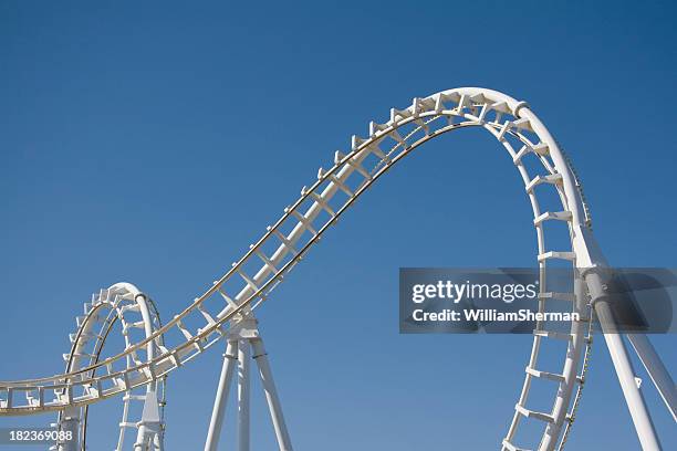 white rollercoaster loops against a clear blue sky - rollercoaster stock pictures, royalty-free photos & images