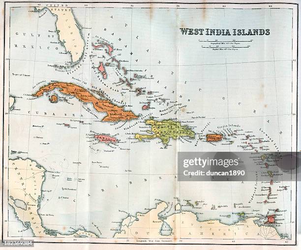 ilustrações, clipart, desenhos animados e ícones de vintage mapa da west india ilhas de 1860 - barbados