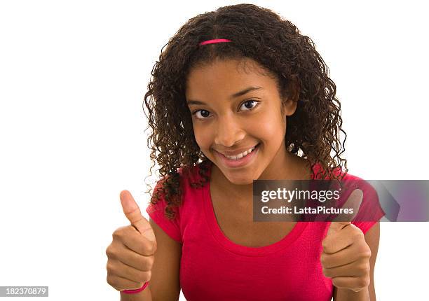 teenage female giving the thumbs up with both hands - 13 year old black girl stock pictures, royalty-free photos & images