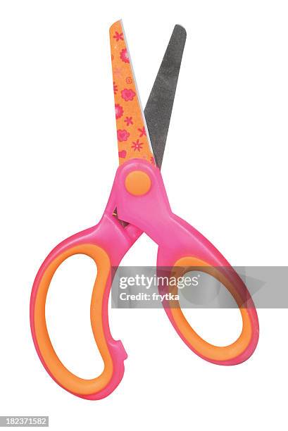 a child's orange & pink scissors adorned with fun icons - scissor stock pictures, royalty-free photos & images