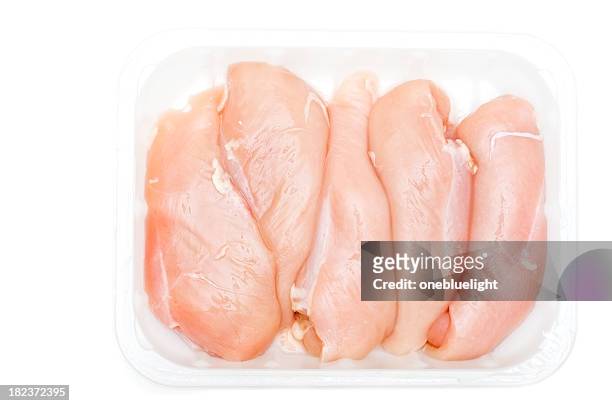 chicken breasts against white background ( series) - meat packaging stockfoto's en -beelden