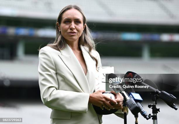 Kyah Simon of the Matildas speaks to the media after the 2023 World Cup Matildas were announced winners of the Don Award during the 2023 Sport...