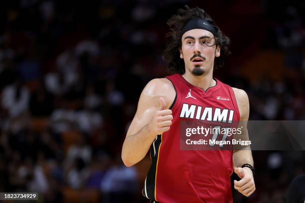 Jaime Jaquez Jr. #11 of the Miami Heat reacts during the first quarter of the game against the Indiana Pacers at Kaseya Center on November 30, 2023...