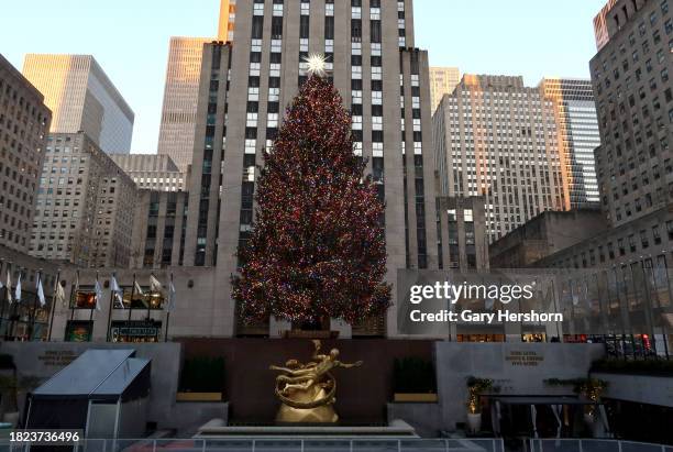 The sun rises on buildings behind the Rockefeller Center Christmas tree the morning after it was lit on November 30 in New York City.