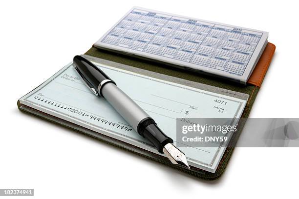 open checkbook and fountain pen on white background - cheque stock pictures, royalty-free photos & images