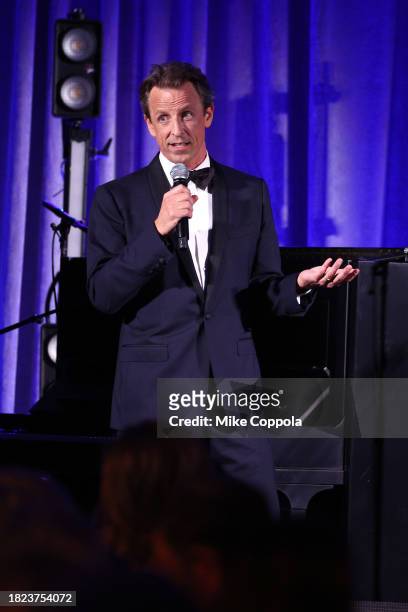 Seth Meyers speaks onstage during the American Museum of Natural History's 2023 Museum Gala at the American Museum of Natural History on November 30,...