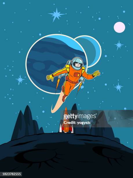 vector retro vintage astronaut with jetpack exploring a planet on a jetpack stock illustration - retro futurism space stock illustrations