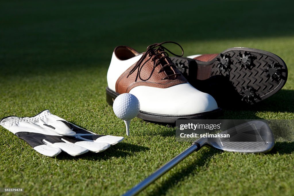 Golf-Schuhe, Handschuhe, Ball, Club auf grünem Gras