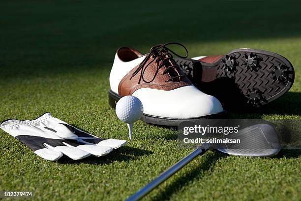 zapatos de golf, guantes, bola, club on green grass - accessory fotografías e imágenes de stock