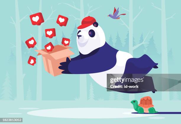 courier panda carrying carton of like buttons but stumbling on turtle and falling down - essential services icons stock illustrations