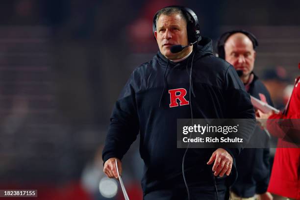 Head coach Greg Schiano of the Rutgers Scarlet Knights in action against the Maryland Terrapins during a game at SHI Stadium on November 25, 2023 in...