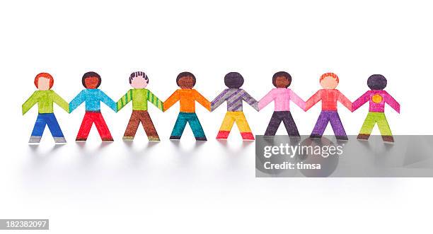 colorful paper kids holding hands - paper chain stockfoto's en -beelden