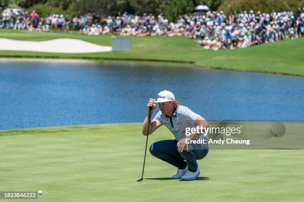 Cameron Smith of Australia lines up his putt on the 3rd green during the ISPS HANDA Australian Open at The Australian Golf Course on December 01,...