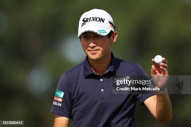 Rikuya Hoshino of Japan celebrates after making a Birdie on the 18th green during the ISPS HANDA Australian Open at The Australian Golf Course on...