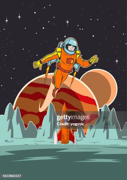 vector retro vintage astronaut with jetpack exploring a planet on a jetpack stock illustration - retro futurism space stock illustrations