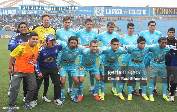 Players of Sporting Cristal pose for a group photo prior to a match between Sporting Cristal and Union Comercio as part of the Torneo Descentralizado...