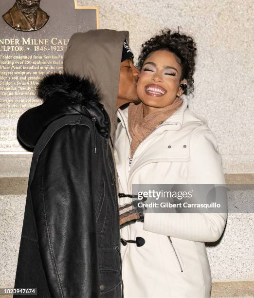 Dana Isaiah and Jordin Sparks attend The City of Philadelphia holiday tree lighting celebration on November 30, 2023 in Philadelphia, Pennsylvania.