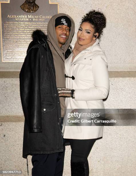 Dana Isaiah and Jordin Sparks attend The City of Philadelphia holiday tree lighting celebration on November 30, 2023 in Philadelphia, Pennsylvania.