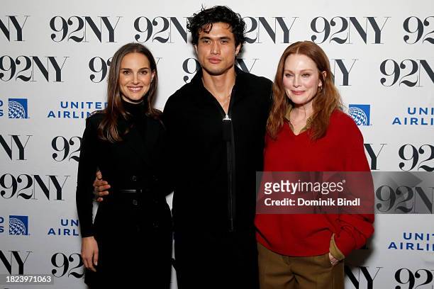 Natalie Portman, Charles Melton and Julianne Moore attend a conversation about the film "May December" with Josh Horowitz at The 92nd Street Y, New...
