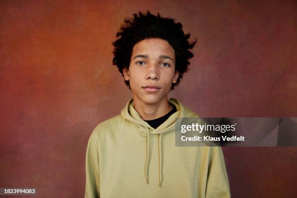 portrait of serious teenage boy wearing hooded shirt against brown background - one teenage boy only stock pictures, royalty-free photos & images
