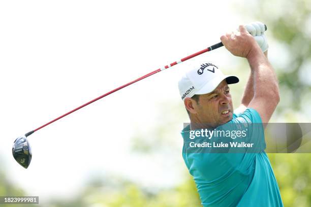 Jaco Van Zyl of South Africa tees off on the seventh hole during day two of the Investec South African Open Championship at Blair Atholl Golf &...