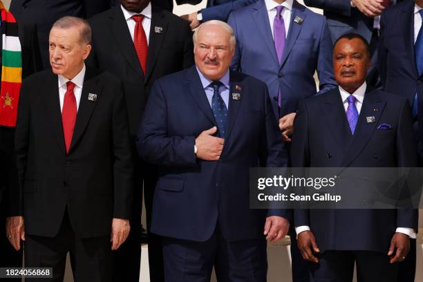 Turkish President Recep Tayyip Erdogan and Belarusian President Aleksandr Lukashenko prepare for a family photo during day one of the high-level...