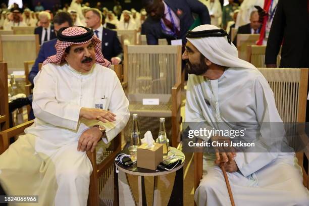 King Hamad bin Isa Al Khalifa of Bahrain and Vice President of the United Arab Emirates Mohammed bin Rashid Al Maktoum attend the opening ceremony of...