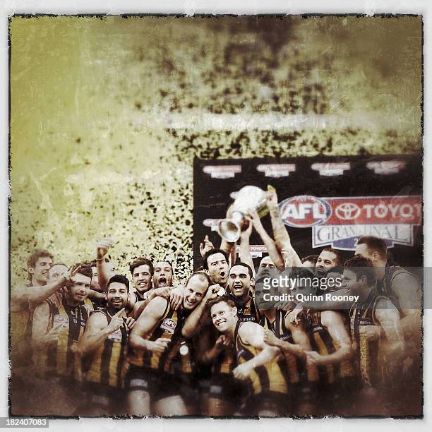 The Hawks celebrate with the Premiership Cup after winning the 2013 AFL Grand Final match between the Hawthorn Hawks and the Fremantle Dockers at...
