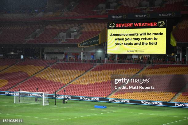 General view of the big screen as the match is delayed due to bad weather during the A-League Men round six match between Brisbane Roar and Western...