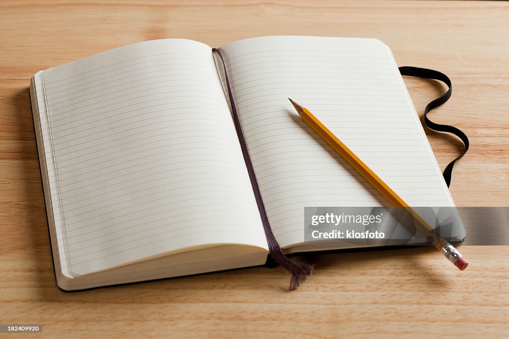 An empty journal open on a desk with a pencil