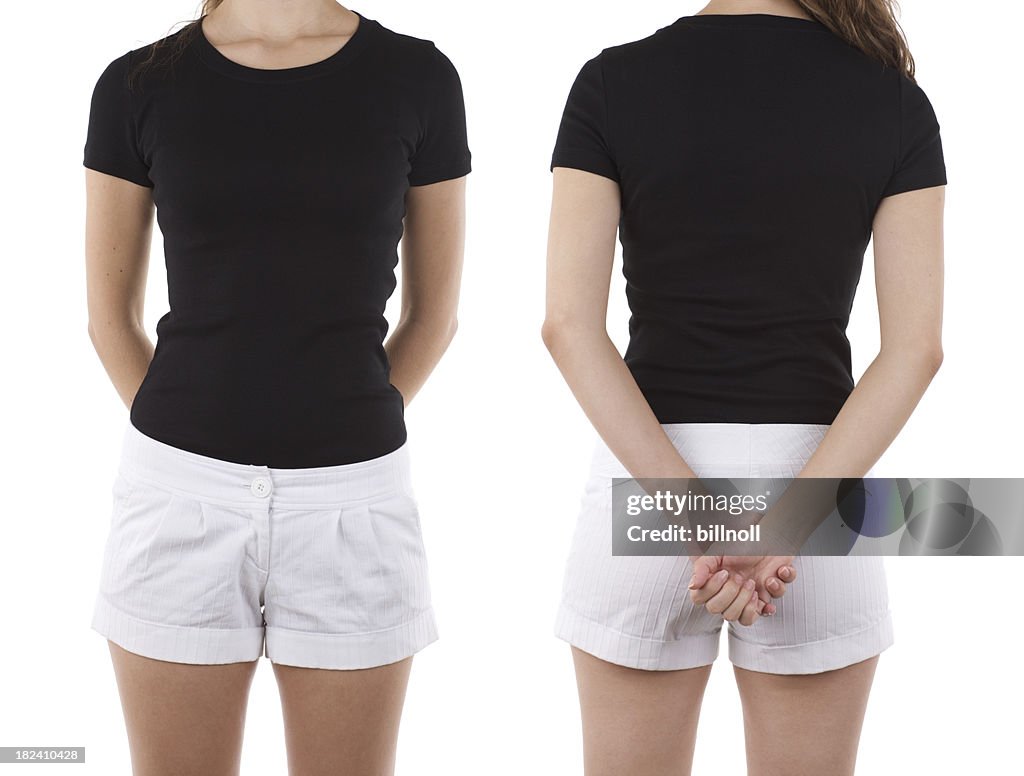 Front and rear view of woman wearing blank shirt