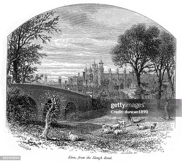 eton college - from the slough road - eton college stock illustrations